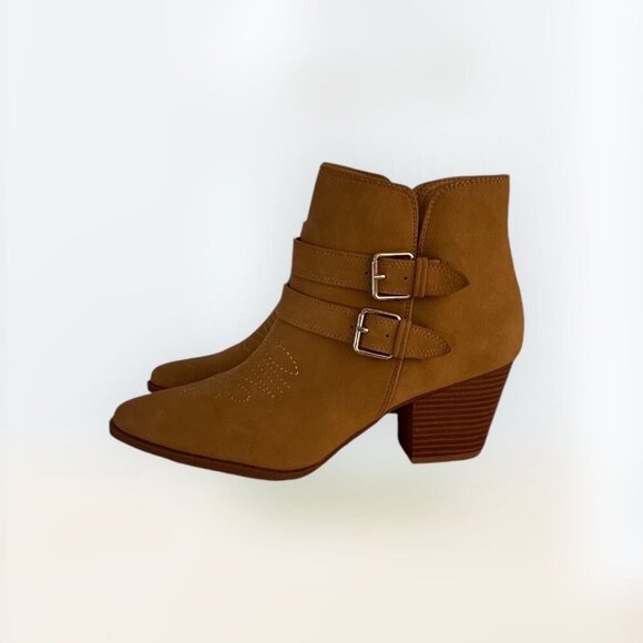ZBY Womens Tan Western Ankle Boots With Double Buckle & Stacked Heel Size 9.5 - Picture 8 of 9